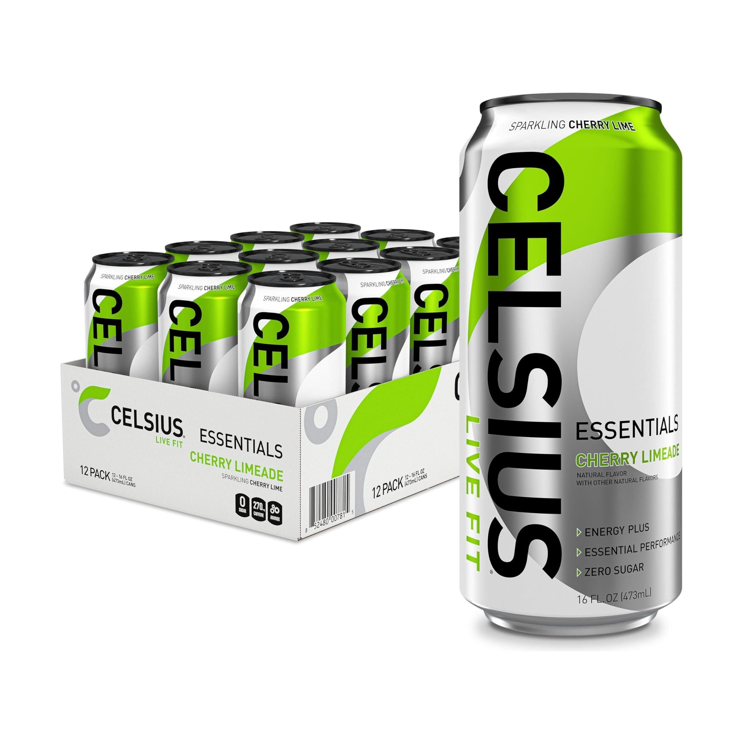 CELSIUS ESSENTIALS Sparkling Cherry Limeade Performance Energy Drink, 16 Fl Oz (Pack of 12) - Elevate Your Fitness with 270mg Caffeine - Celsius