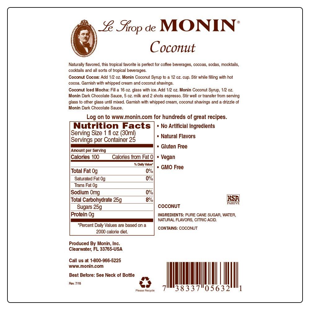 Monin - Coconut Syrup, Creamy Tropical Flavored Syrup, Coffee Syrup, Natural Flavor Drink Mix, Simple Syrup For Coffee, Lemonade, Cocktails, & More, Gluten-Free, Non-Gmo, Clean Label (750 Ml)