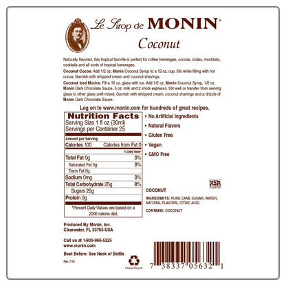 Monin - Coconut Syrup, Creamy Tropical Flavored Syrup, Coffee Syrup, Natural Flavor Drink Mix, Simple Syrup For Coffee, Lemonade, Cocktails, & More, Gluten-Free, Non-Gmo, Clean Label (750 Ml)