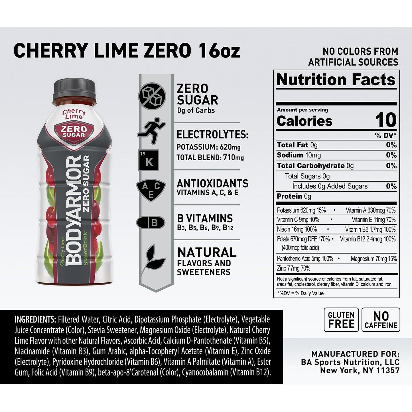 BODYARMOR ZERO Sugar Cherry Lime - Guilt-Free Hydration Sports Drink with Potassium Electrolytes, Antioxidants, and B-vitamins, 16 fl oz (12-pack)