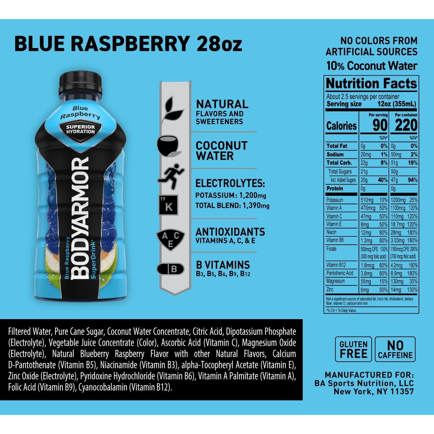 BODYARMOR Blue Raspberry Sports Drink, 28 Fl Oz (12-Pack) - Superior Hydration with Natural Ingredients - BODYARMOR