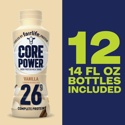 Core Power Vanilla High Protein Milk Shake, 26g Protein, 14 Fl Oz Bottle, (Pack of 12)