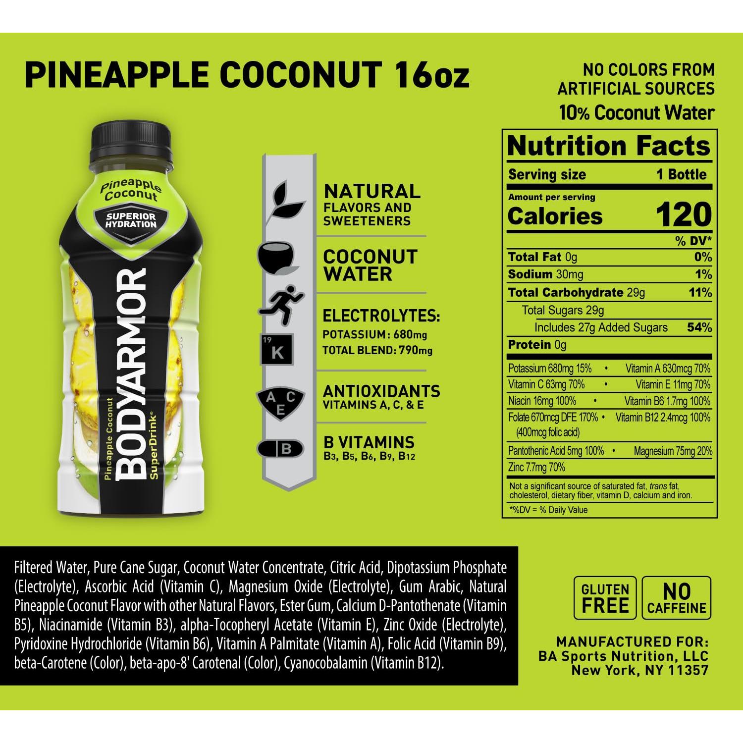 BODYARMOR Pineapple Coconut Sports Drink, 16 Fl Oz (Pack of 12) - Superior Hydration with Natural Ingredients - BODYARMOR