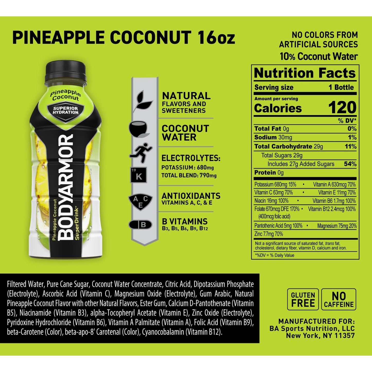 BODYARMOR Pineapple Coconut Sports Drink, 16 Fl Oz (Pack of 12) - Superior Hydration with Natural Ingredients