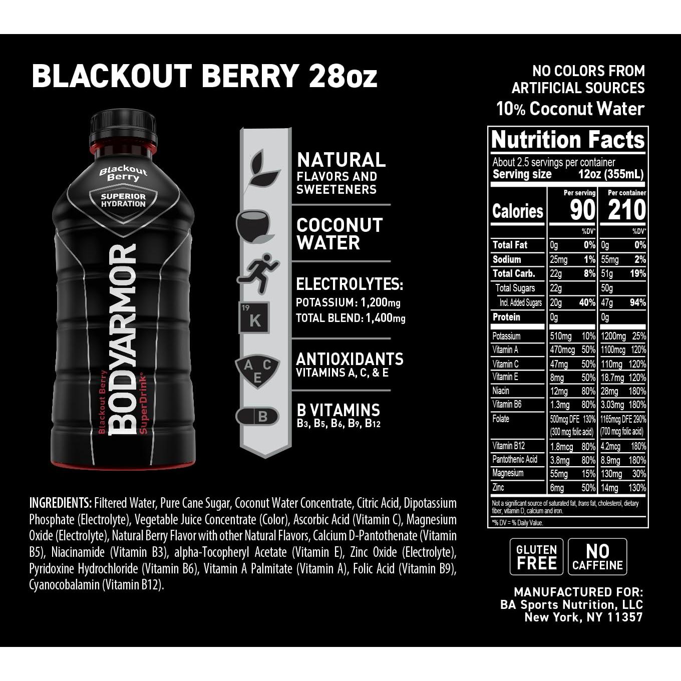 BODYARMOR Hydrating Sports Drink - Blackout Berry Flavor with Coconut Water, 28 Fl Oz (Pack of 12) - BODYARMOR