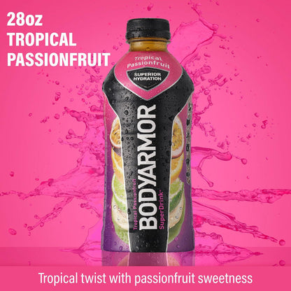 BODYARMOR Tropical Passionfruit Sports Drink, 28 Fl Oz (12-Pack) - Hydration with Natural Ingredients