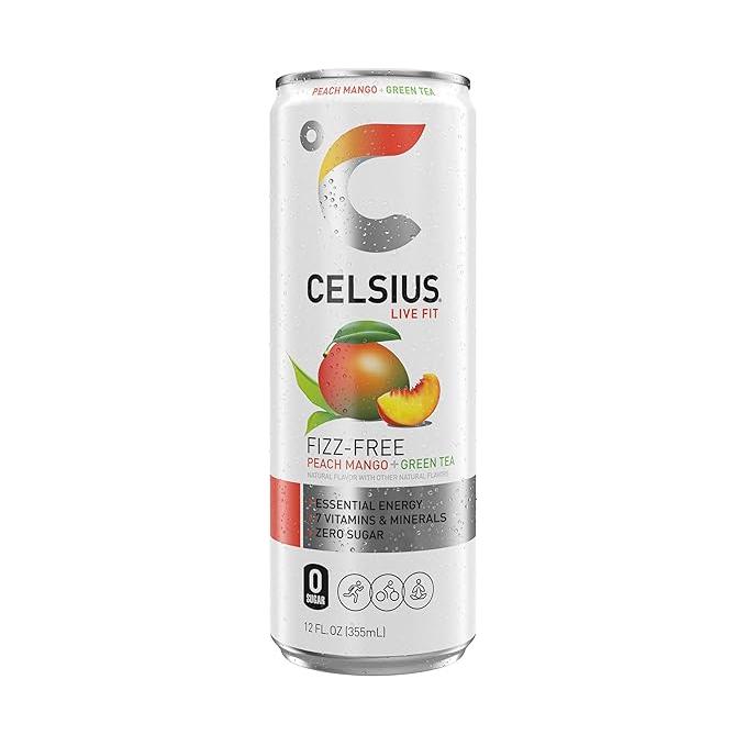 Celsius Essential Energy Peach Mango Green Tea - 12 Cans for Hydration & Focus