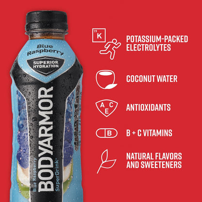 BODYARMOR Blue Raspberry Sports Drink, 16 Fl Oz (Pack of 12) - Superior Hydration with Natural Ingredients