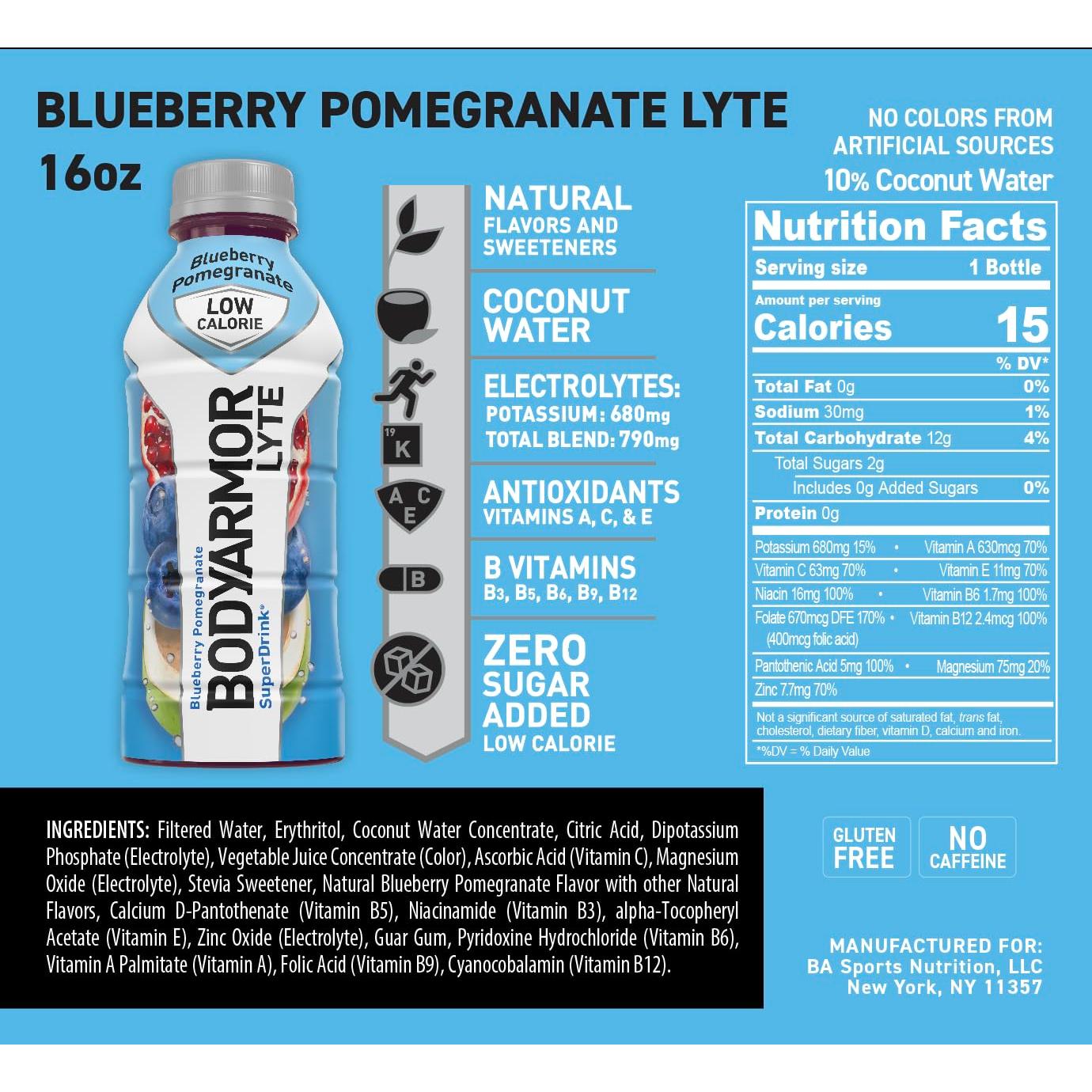 BODYARMOR LYTE Blueberry Pomegranate Sports Drink with Coconut Water - 16 Fl Oz Bottles (Pack of 12) - BODYARMOR