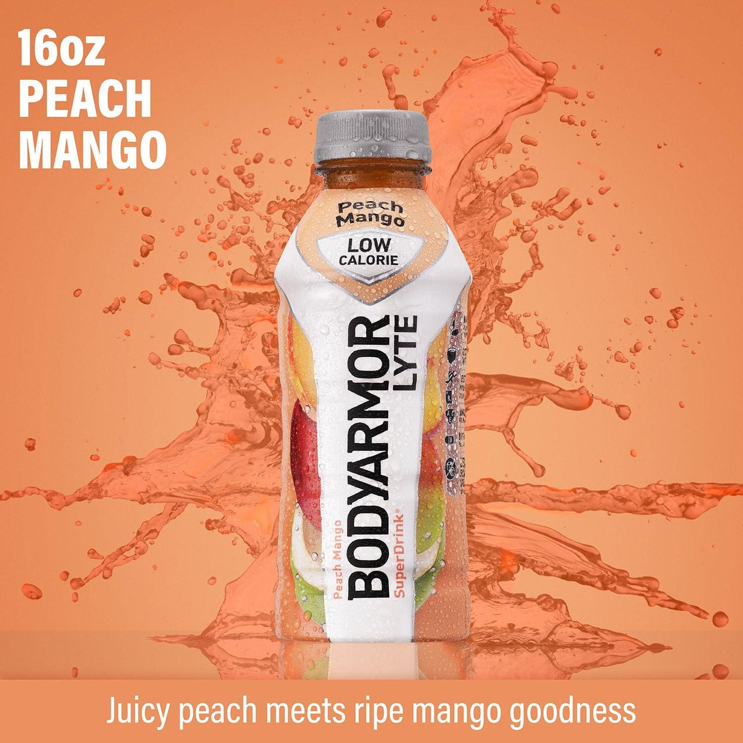 BODYARMOR LYTE Peach Mango Sports Drink, Coconut Water Infused Hydration, 16 Fl Oz (12-Pack)