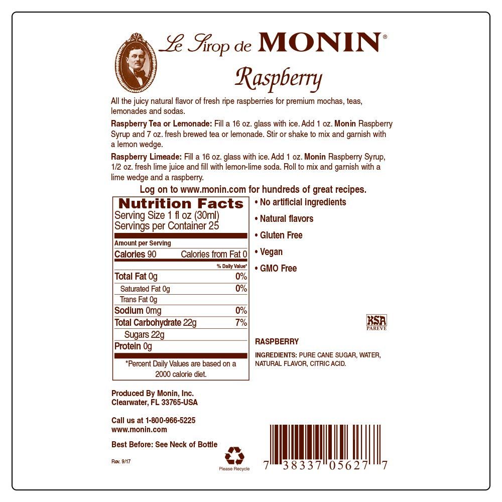 Monin - Raspberry Syrup, Sweet and Tart, Great for Cocktails and Lemonades, Gluten-Free, Non-GMO (750 ml)