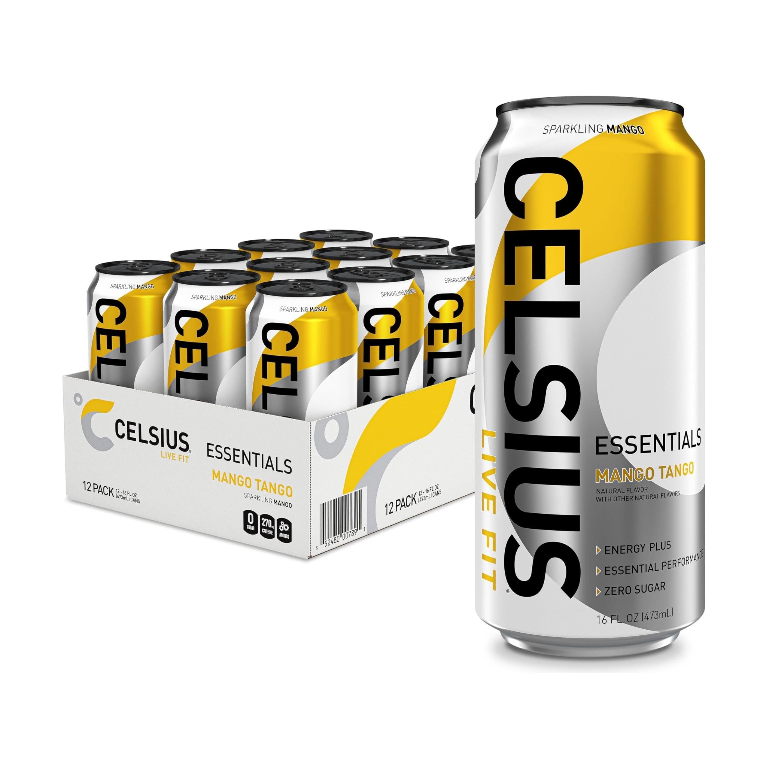 CELSIUS ESSENTIALS Sparkling Mango Tango Energy Drink, 16 Fl Oz, Pack of 12 - Performance Boost with 270mg Caffeine - Celsius