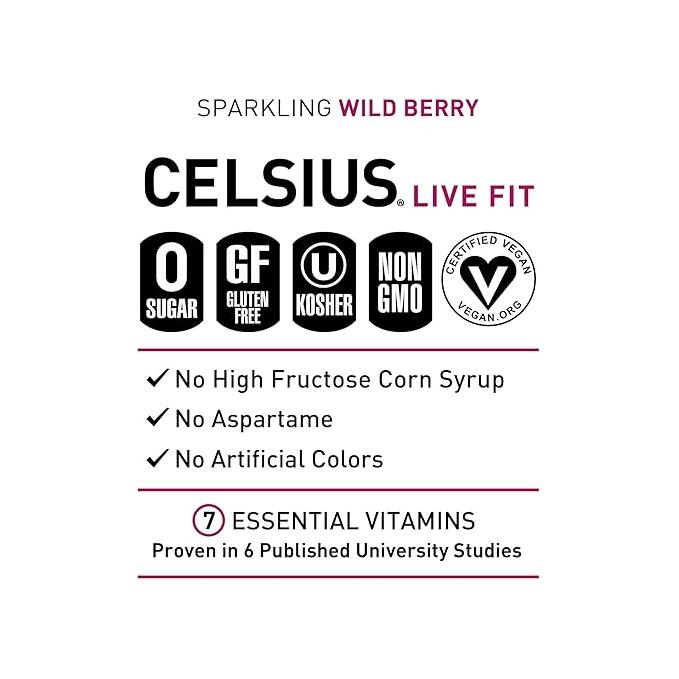 Celsius Sparkling Wild Berry Energy Drink, 12 oz Cans, 12-Pack - Boost Energy, Metabolism & Endurance