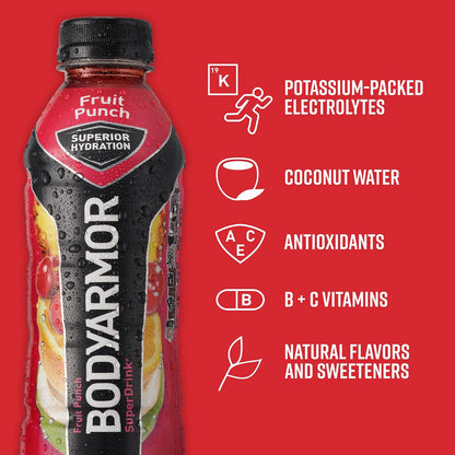 BODYARMOR Fruit Punch Sports Drink - Hydrating Beverage with Electrolytes, 16 Fl Oz (Pack of 12)