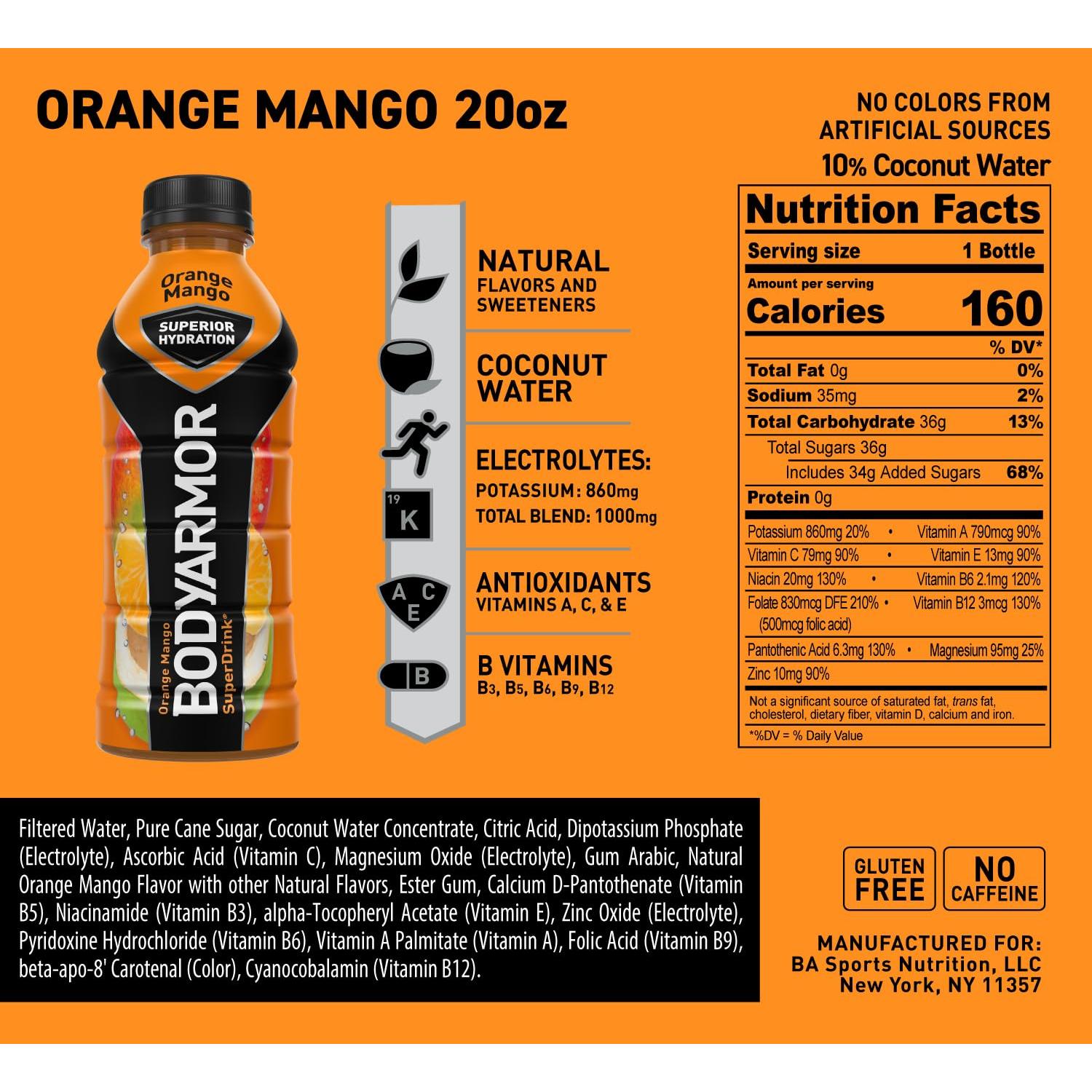 BODYARMOR Orange Mango Sports Drink - Hydrating Beverage with Natural Ingredients, 20 Fl Oz (Pack of 6) - BODYARMOR