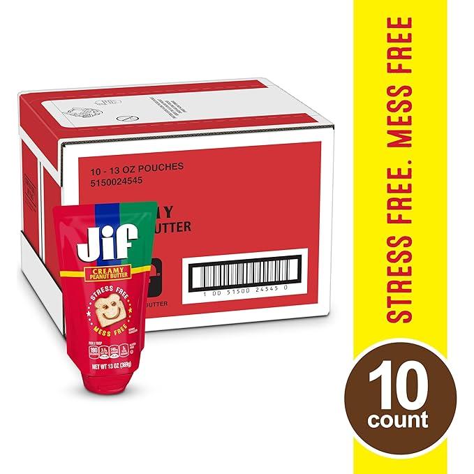 Jif Creamy Squeeze Peanut Butter, 13 oz, Pack of 10 Pouches - Jif