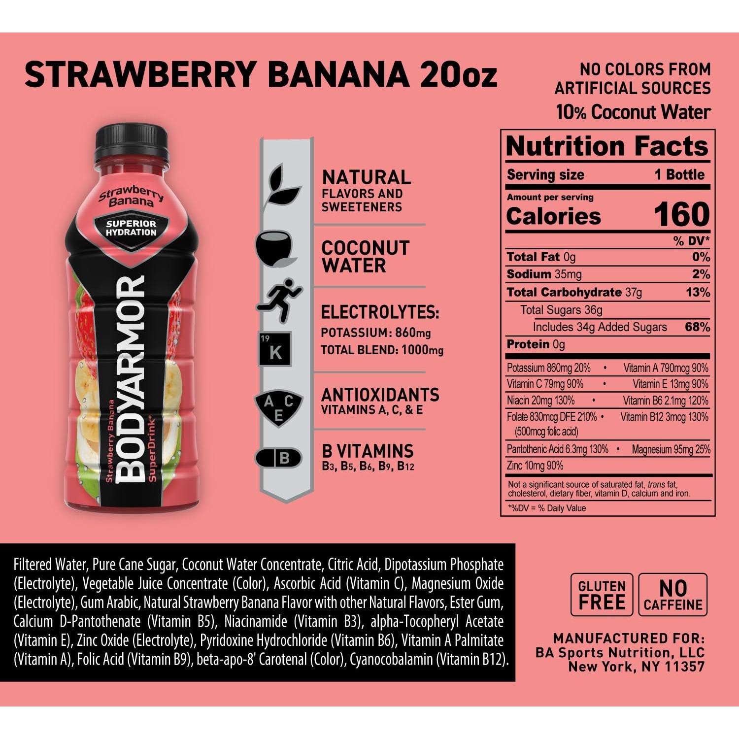 BODYARMOR Strawberry Banana Sports Drink, 20 Fl Oz, 6-Pack - Superior Hydration with Natural Ingredients - BODYARMOR