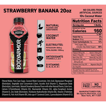 BODYARMOR Strawberry Banana Sports Drink, 20 Fl Oz, 6-Pack - Superior Hydration with Natural Ingredients