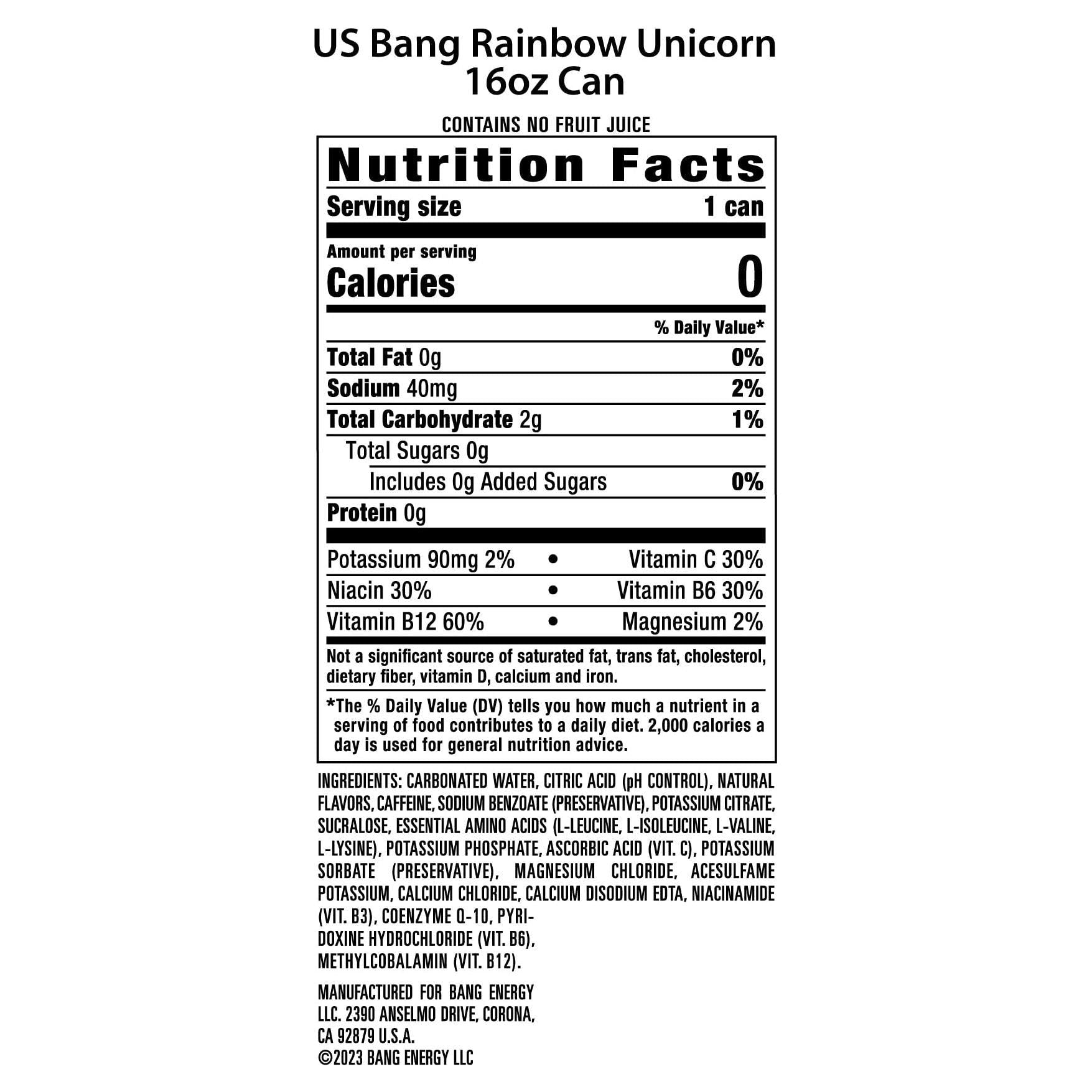 Bang Energy Rainbow Unicorn Flavor, Sugar-Free Energy Drink, 16 Fl Oz (Set of 12) - Bang Energy