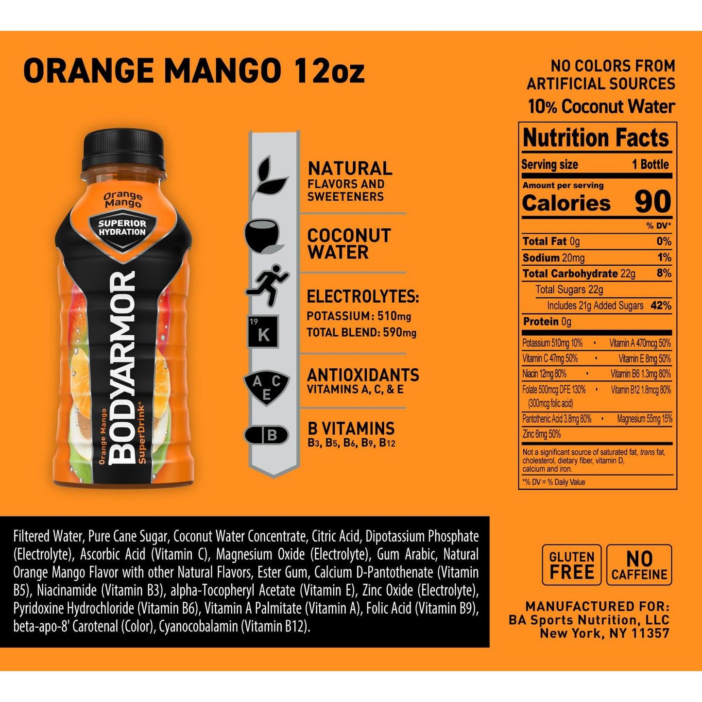 BODYARMOR Hydration Sports Drink - Orange Mango Flavor, 12 Fl Oz (Pack of 8)