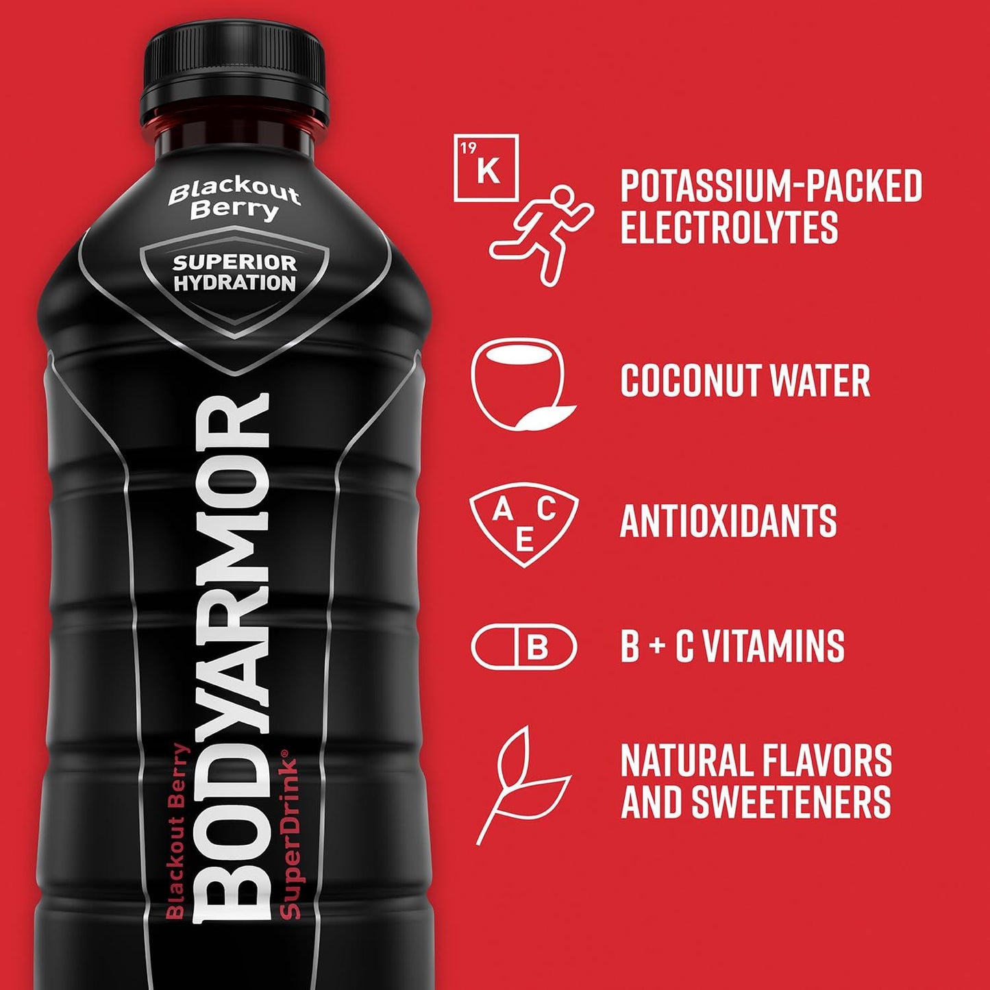 BODYARMOR Hydrating Sports Drink - Blackout Berry Flavor with Coconut Water, 28 Fl Oz (Pack of 12)