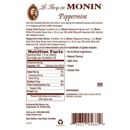 Monin - Peppermint Syrup, Cool Mint Flavored Syrup, Coffee Syrup, Natural Flavor Drink Mix, Simple Syrup for Cocoas, Mochas, Smoothies, Sodas, & More, Gluten-Free, Non-GMO, Clean Label (750 ml / 25.4)