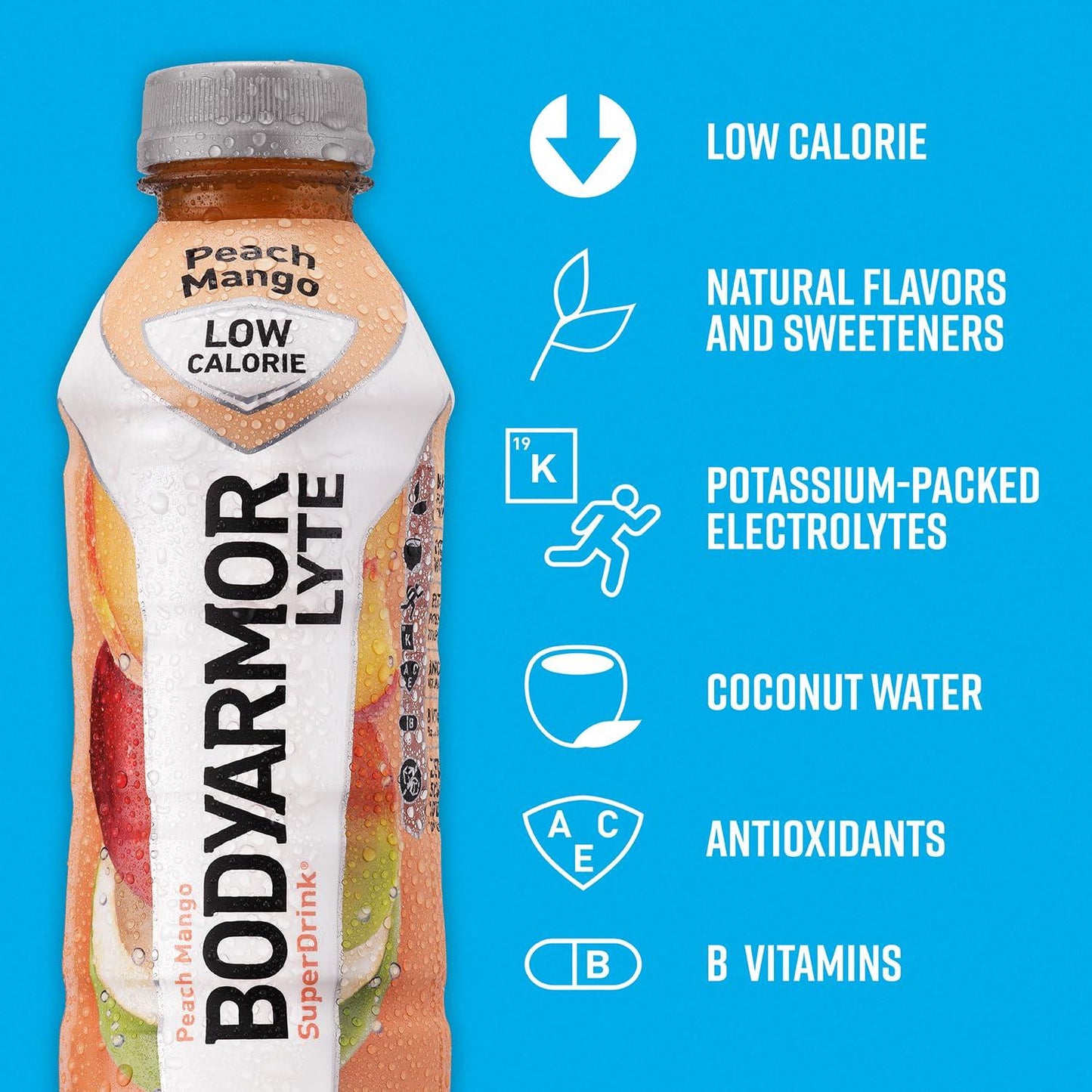 BODYARMOR LYTE Peach Mango Sports Drink, Coconut Water Infused Hydration, 16 Fl Oz (12-Pack)