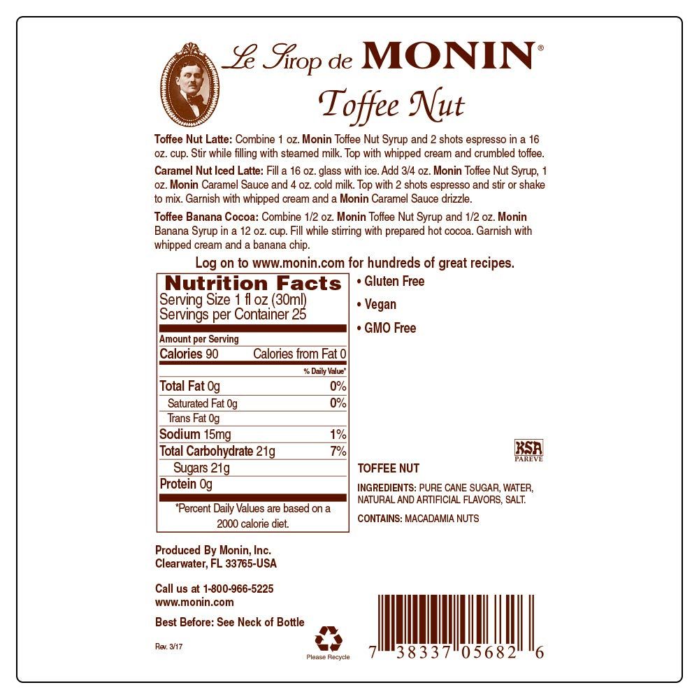 Monin - Toffee Nut Syrup, Bold and Buttery (750 ml Glass Bottle)