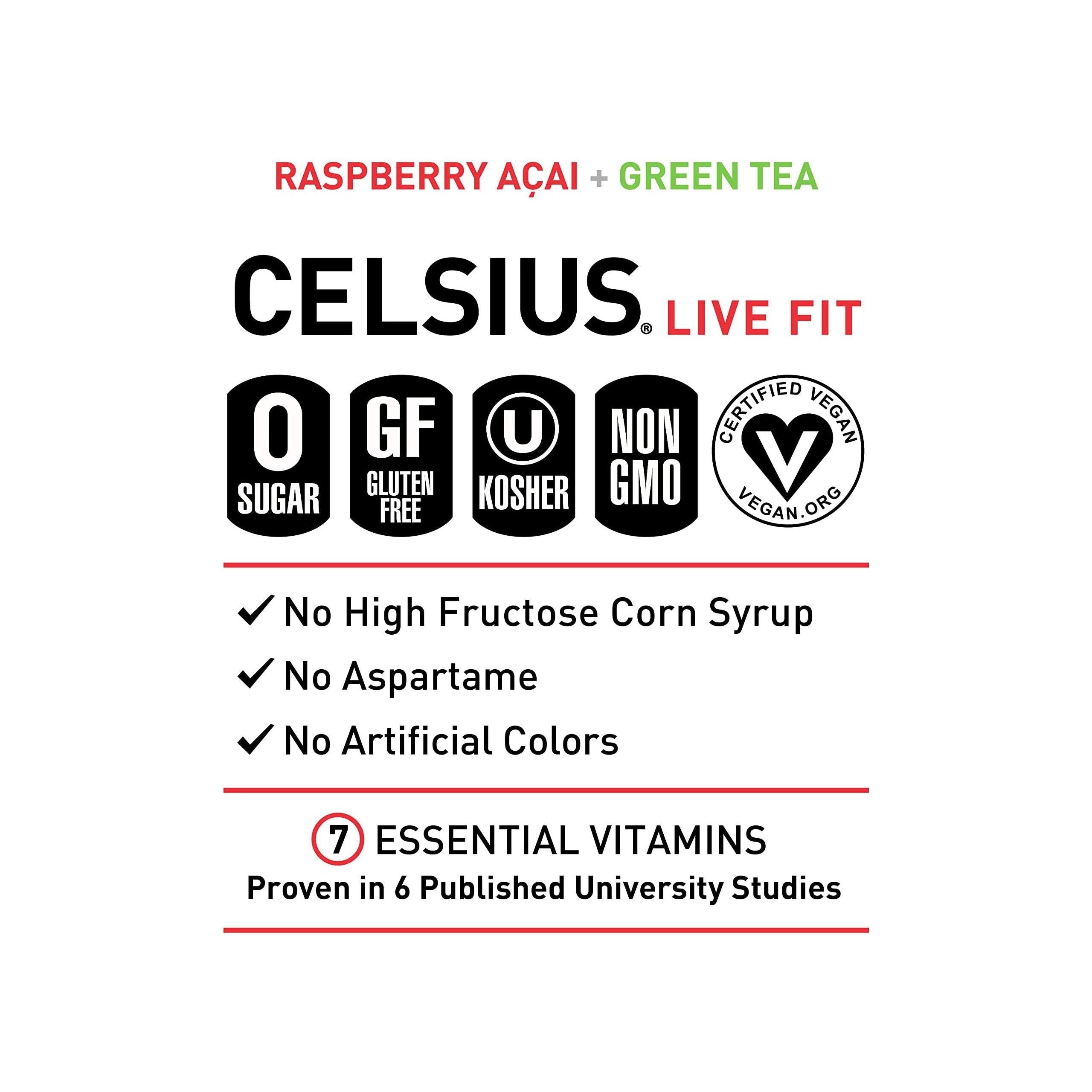 CELSIUS Raspberry Acai Green Tea, Essential Energy Drink, 12 Fl Oz Cans (Pack of 24), No Sugar, Non-GMO, Vegan, Gluten-Free - Celsius