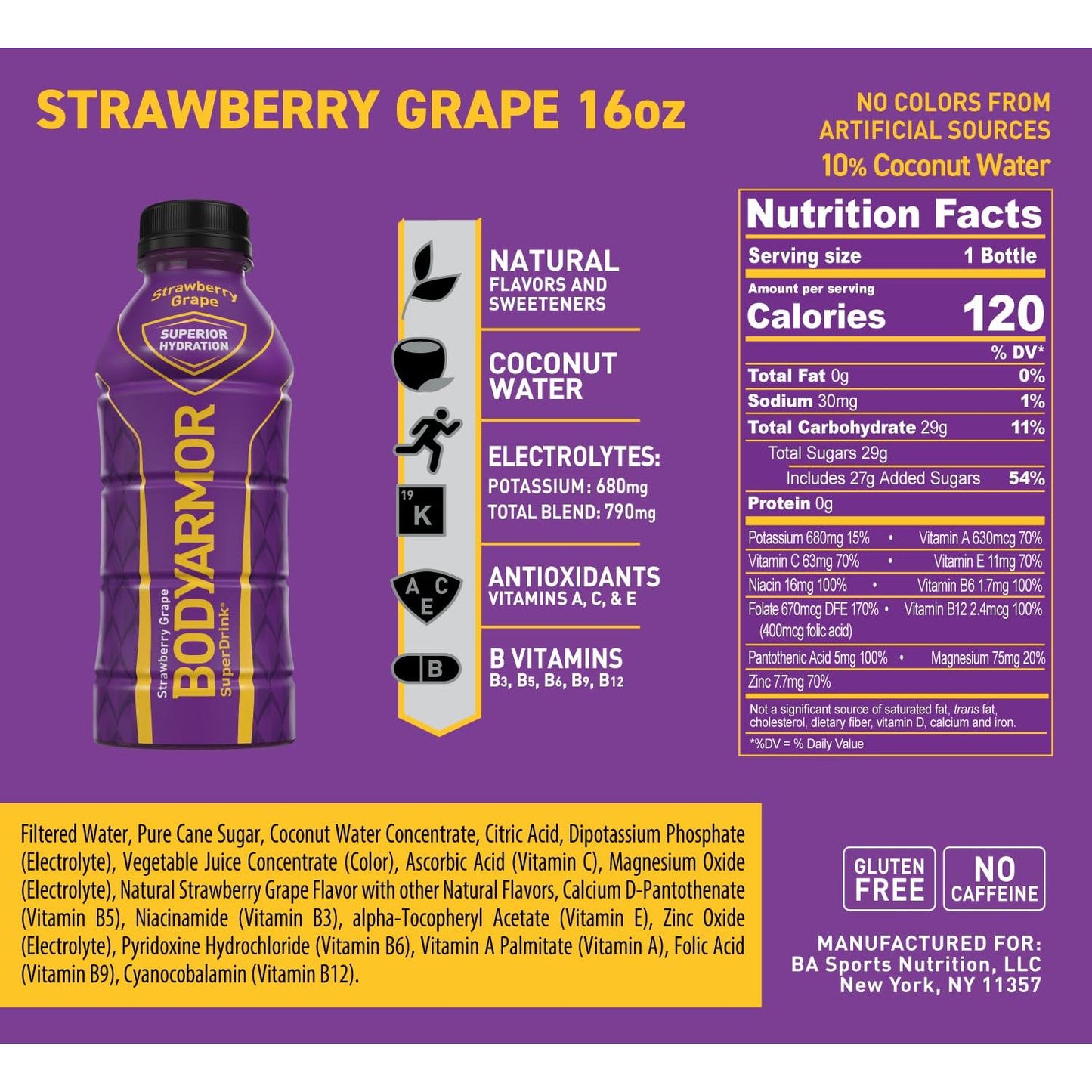 BODYARMOR Strawberry Grape Sports Drink, 16 Fl Oz - 12 Pack of Superior Hydration