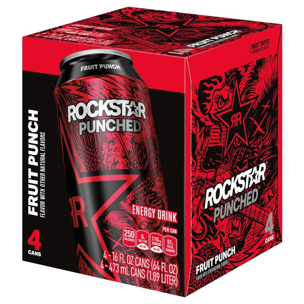 Rockstar PUNCHED Fruit Punch Energy Drink (4x16oz Cans) - High Caffeine Burst - Rockstar