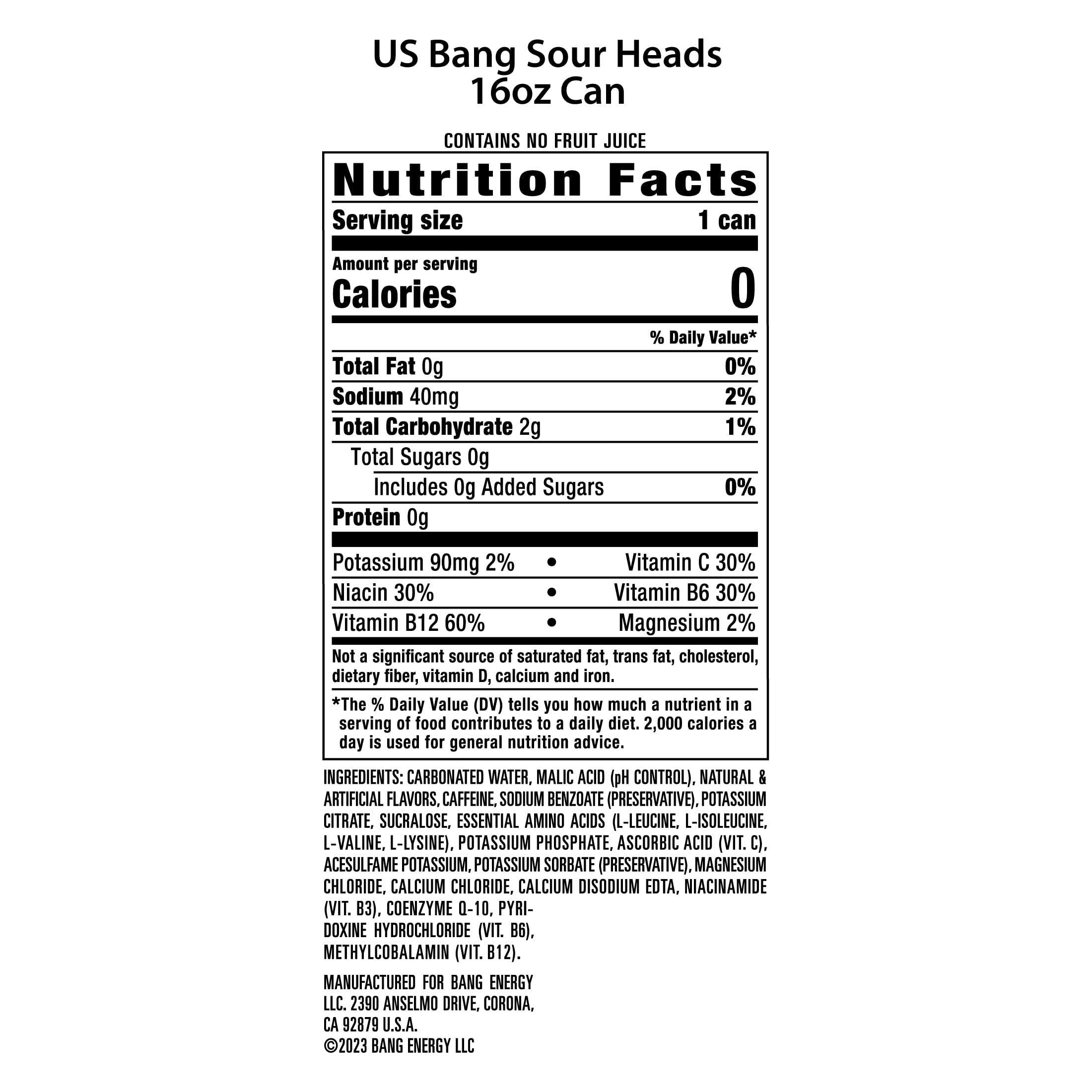 Bang Energy Sour Heads, Zero Sugar Energy Drink, 16 oz (12-Pack) - Bang Energy