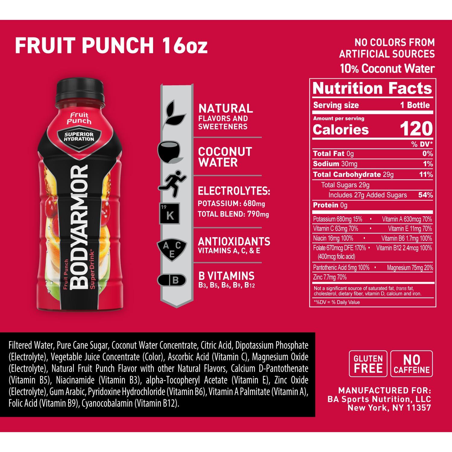 BODYARMOR Fruit Punch Sports Drink - Hydrating Beverage with Electrolytes, 16 Fl Oz (Pack of 12) - BODYARMOR