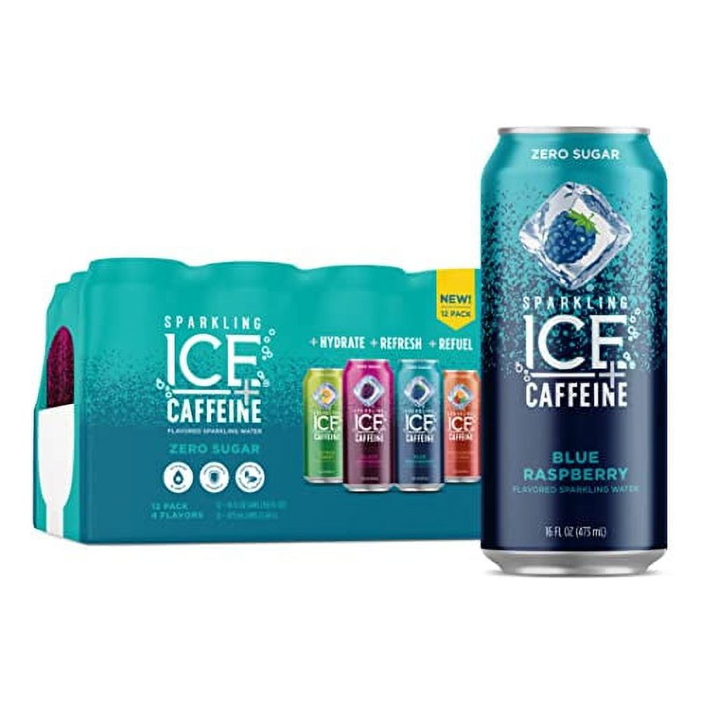 Energizing Sparkling Ice +Caffeine Mixed Flavor Pack - Black Raspberry, Blue Raspberry, Strawberry Citrus, Citrus Twist (12 x 16oz Cans)