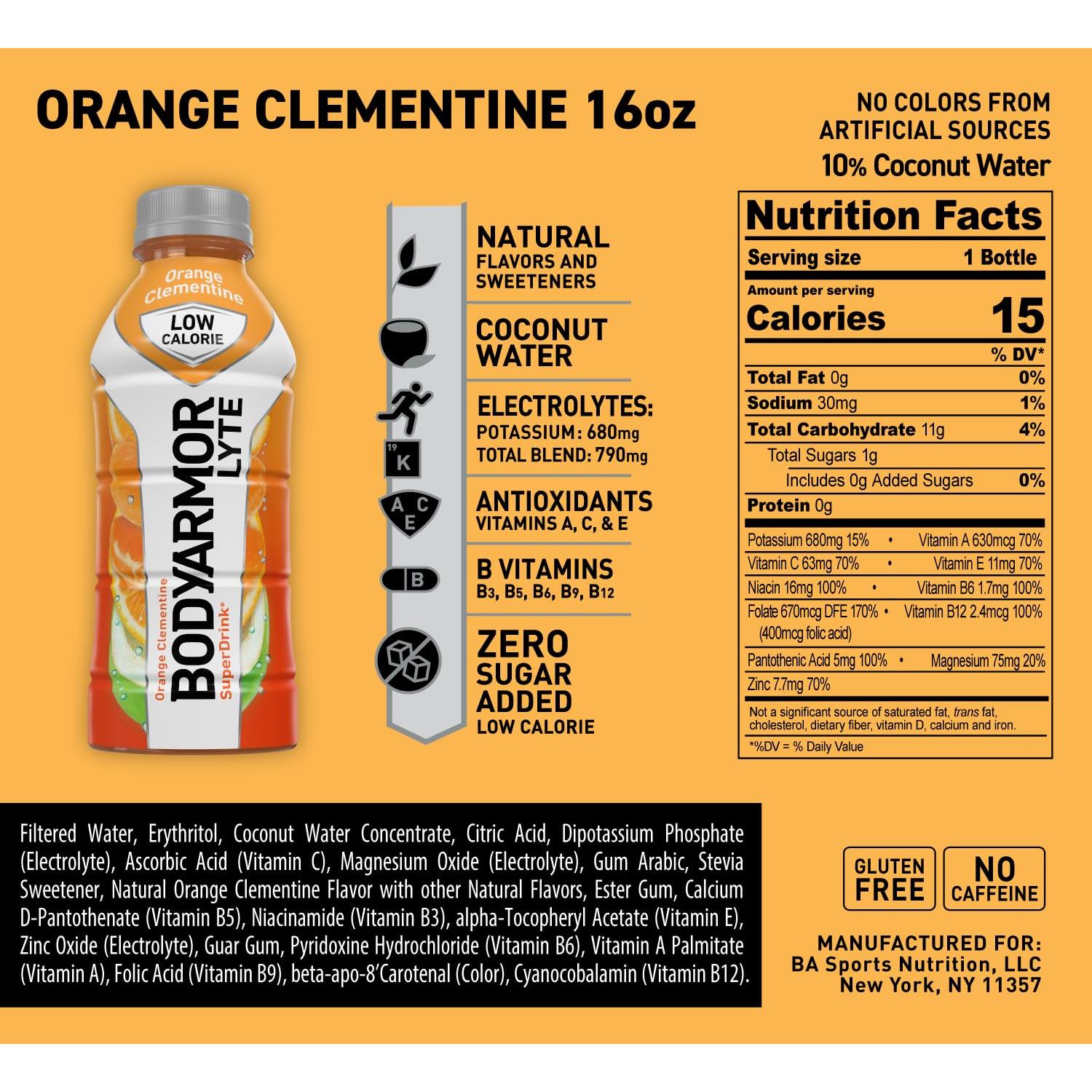 BODYARMOR LYTE Hydration Drink, Refreshing Orange Clementine, 16oz Bottles (Pack of 12) - BODYARMOR