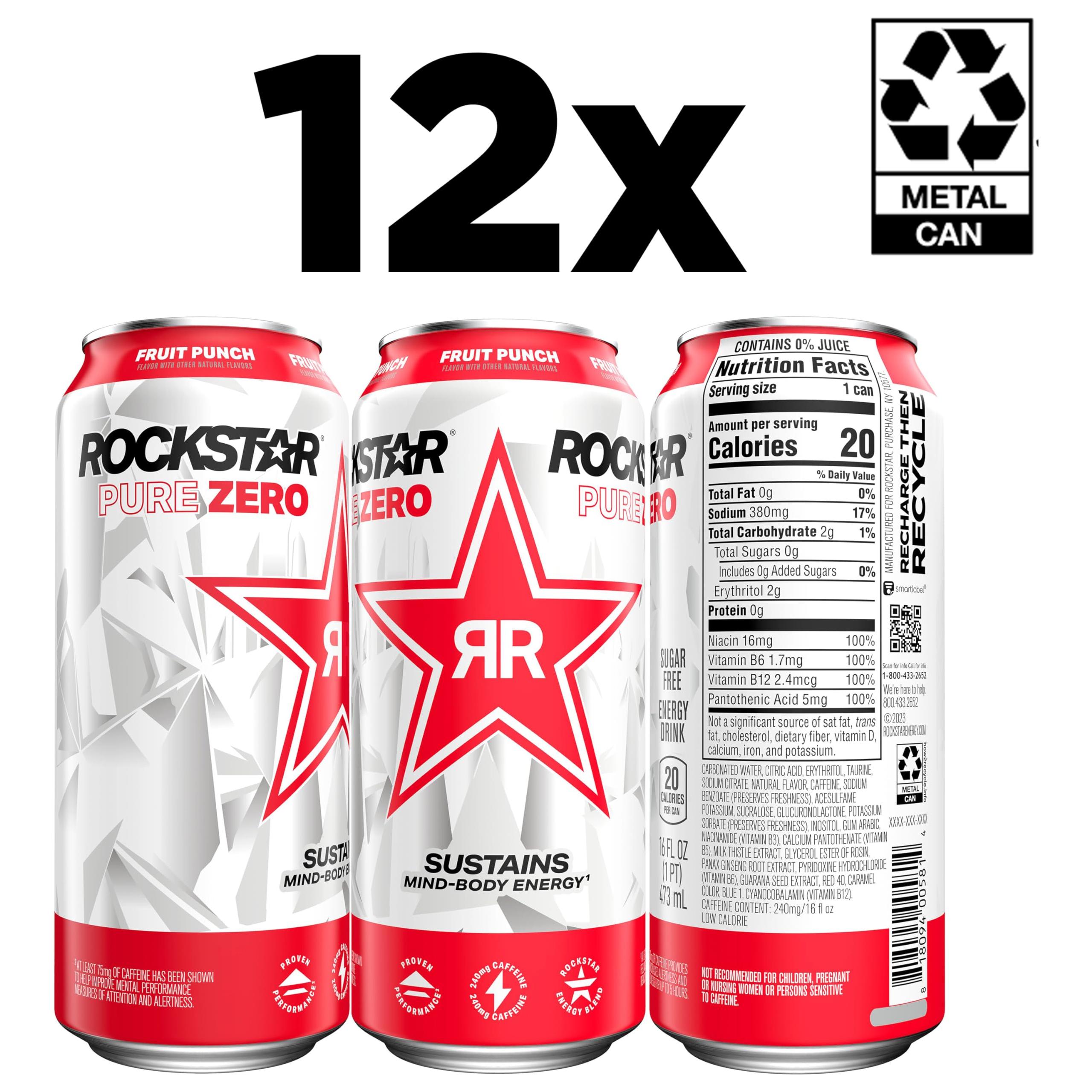 Rockstar Pure Zero Fruit Punch Energy Drink, 0 Sugar, with Caffeine & Taurine, 16oz Cans (12 Pack) (Packaging Varies) - Rockstar