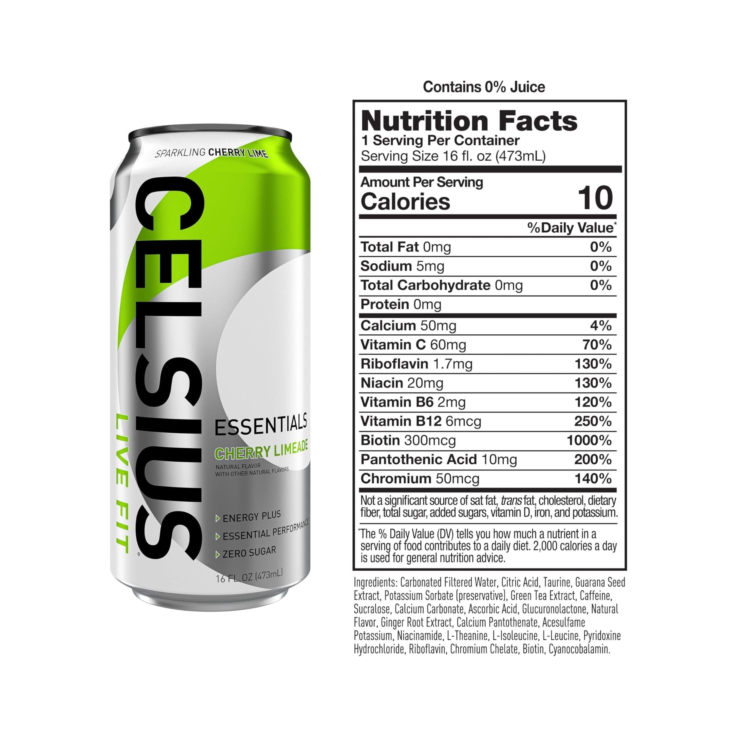 CELSIUS ESSENTIALS Sparkling Cherry Limeade Performance Energy Drink, 16 Fl Oz (Pack of 12) - Elevate Your Fitness with 270mg Caffeine - Celsius