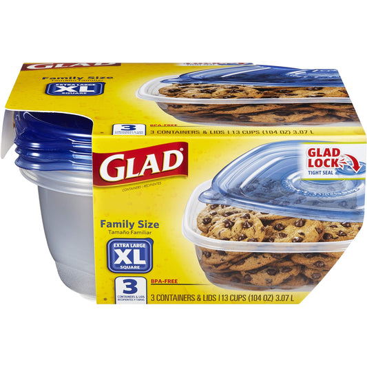 Gladware Family Size Food Storage Containers, Xl | Large Square Food Storage, Containers Hold Up To 104 Ounces Of Food, Large Set 3 Count Food Containers