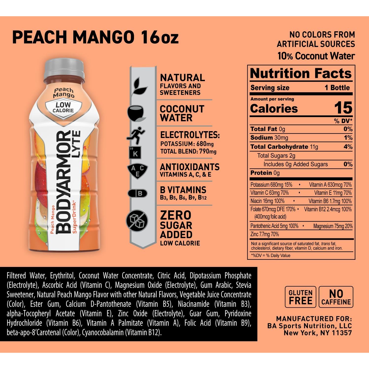 BODYARMOR LYTE Peach Mango Sports Drink, Coconut Water Infused Hydration, 16 Fl Oz (12-Pack) - BODYARMOR