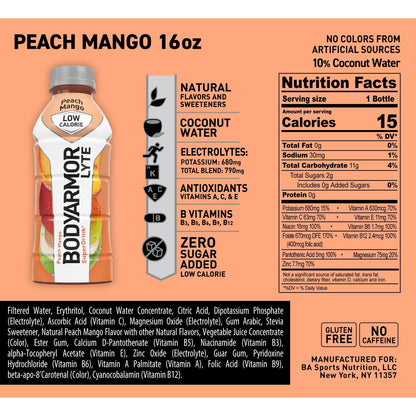 BODYARMOR LYTE Peach Mango Sports Drink, Coconut Water Infused Hydration, 16 Fl Oz (12-Pack)