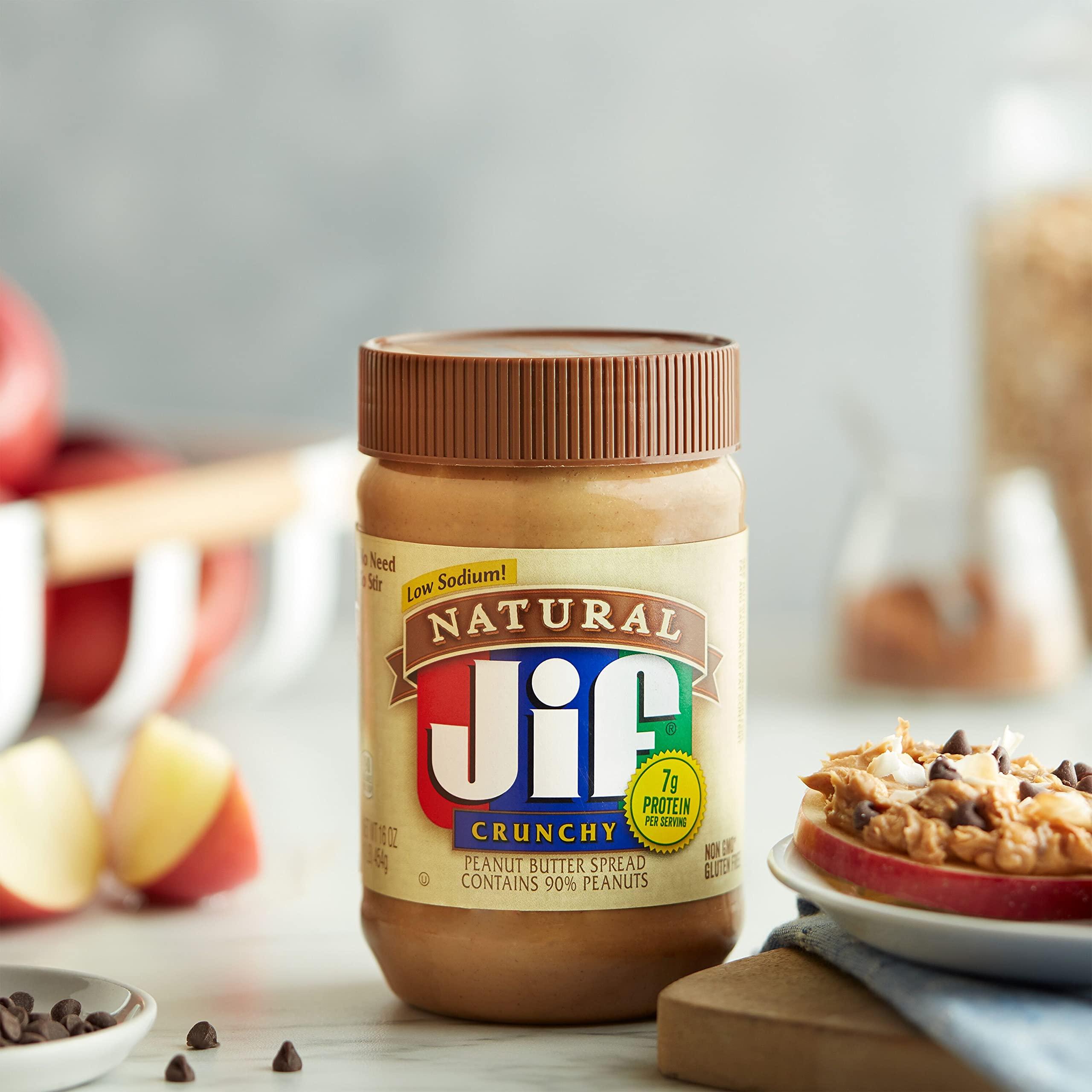 Jif Crunchy Natural Peanut Butter, 16oz, Pack of 12, 90% Peanuts - Jif