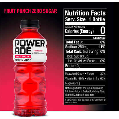 Powerade Zero Ion4 Sports Drink, Fruit Punch Flavor, 20 fl oz, 8 Bottles