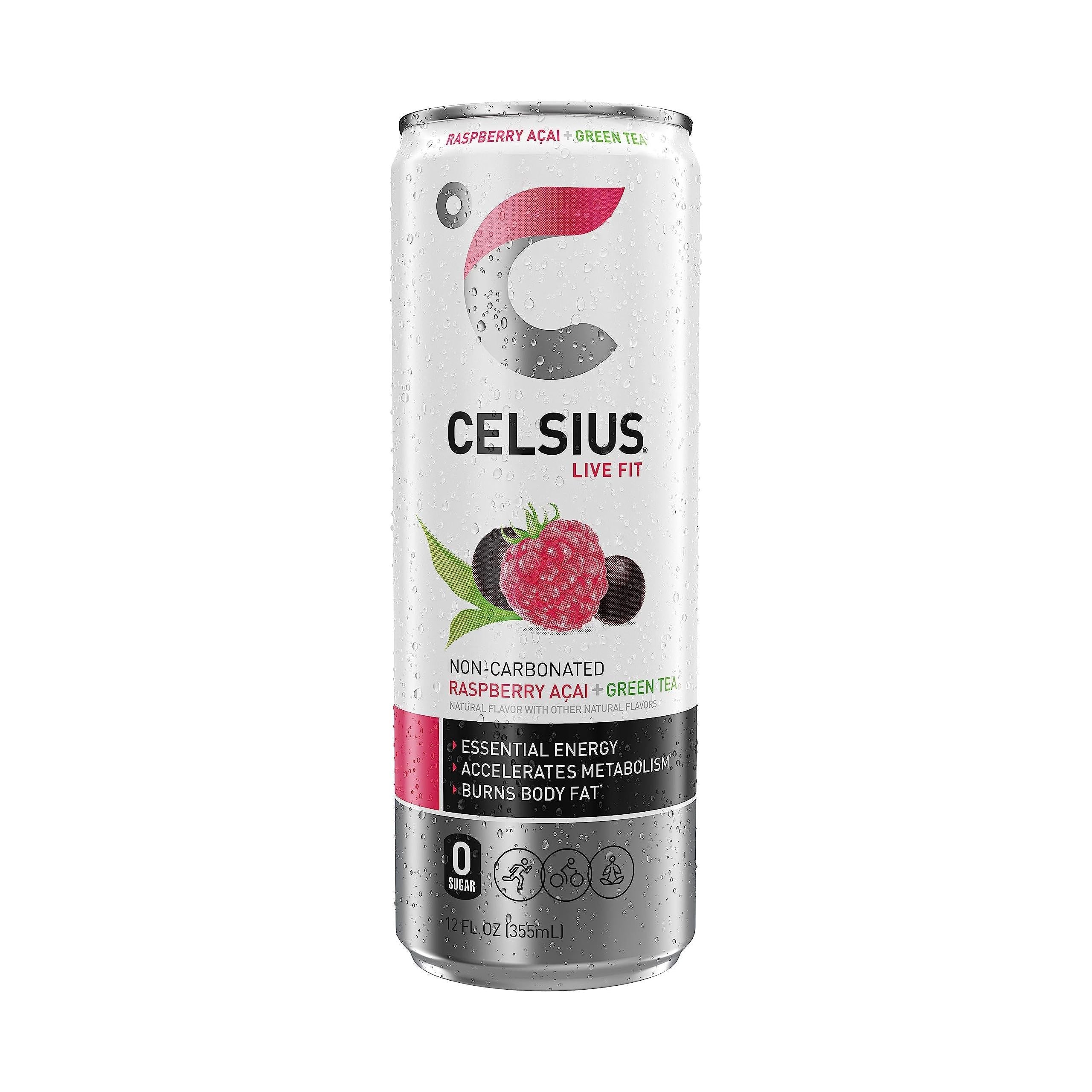 CELSIUS Raspberry Acai Green Tea, Essential Energy Drink, 12 Fl Oz Cans (Pack of 24), No Sugar, Non-GMO, Vegan, Gluten-Free - Celsius