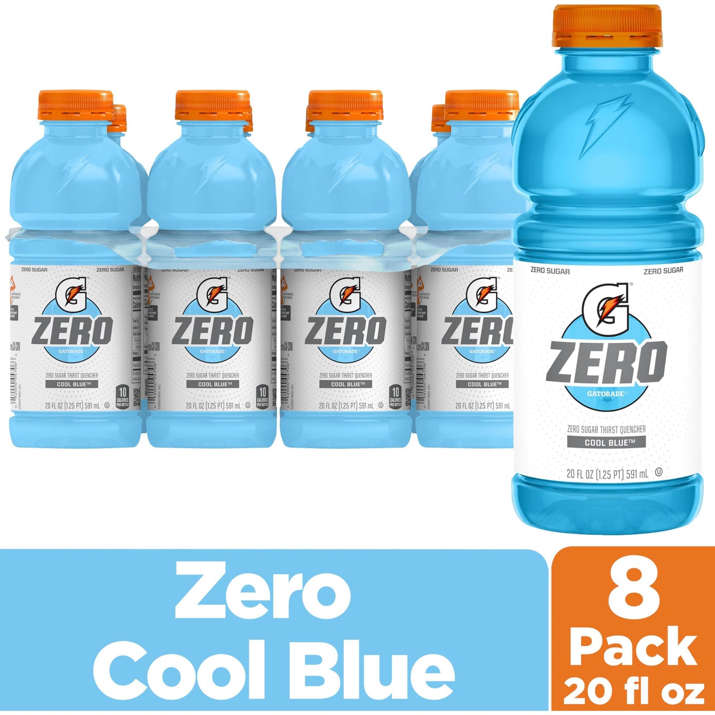 Gatorade G Zero Cool Blue, Thirst Quencher Sports Drink, 20 Fl Oz Bottles, 8 Pack