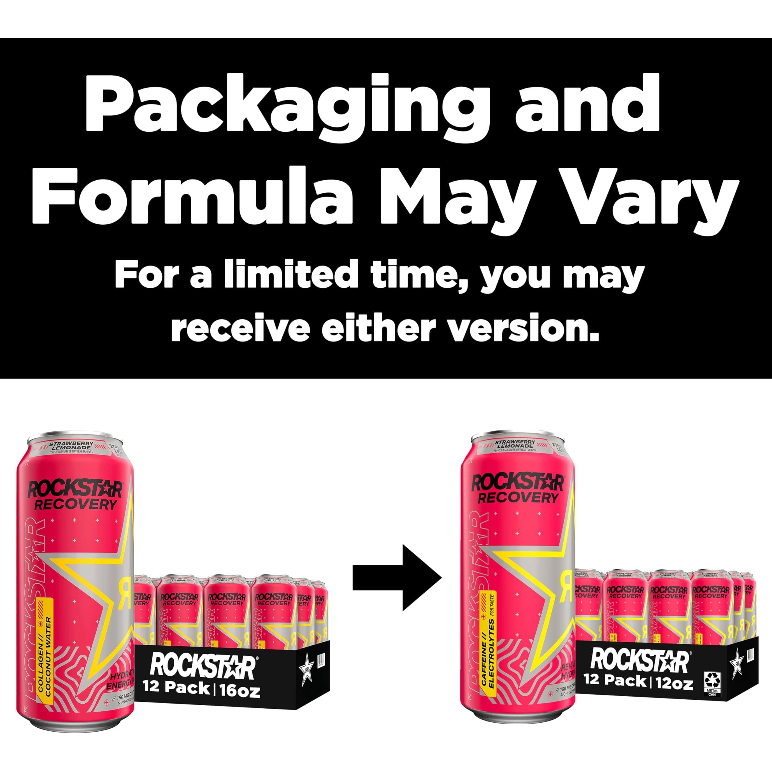 Rockstar Recovery Energy Drink, Strawberry Lemonade, 16oz Cans (12-Pack), Low Calorie with Coconut Water, Collagen, Vitamin C, Electrolytes, and 160mg Caffeine - Rockstar