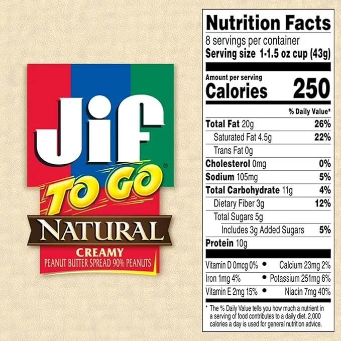 JIF To Go Natural Creamy PB 8 Cups (1.5 oz) - Pack of 6 - Jif