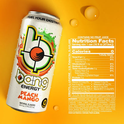 Bang Energy Sugar-Free Peach Mango Blast, 16-Ounce Cans (12-Pack)