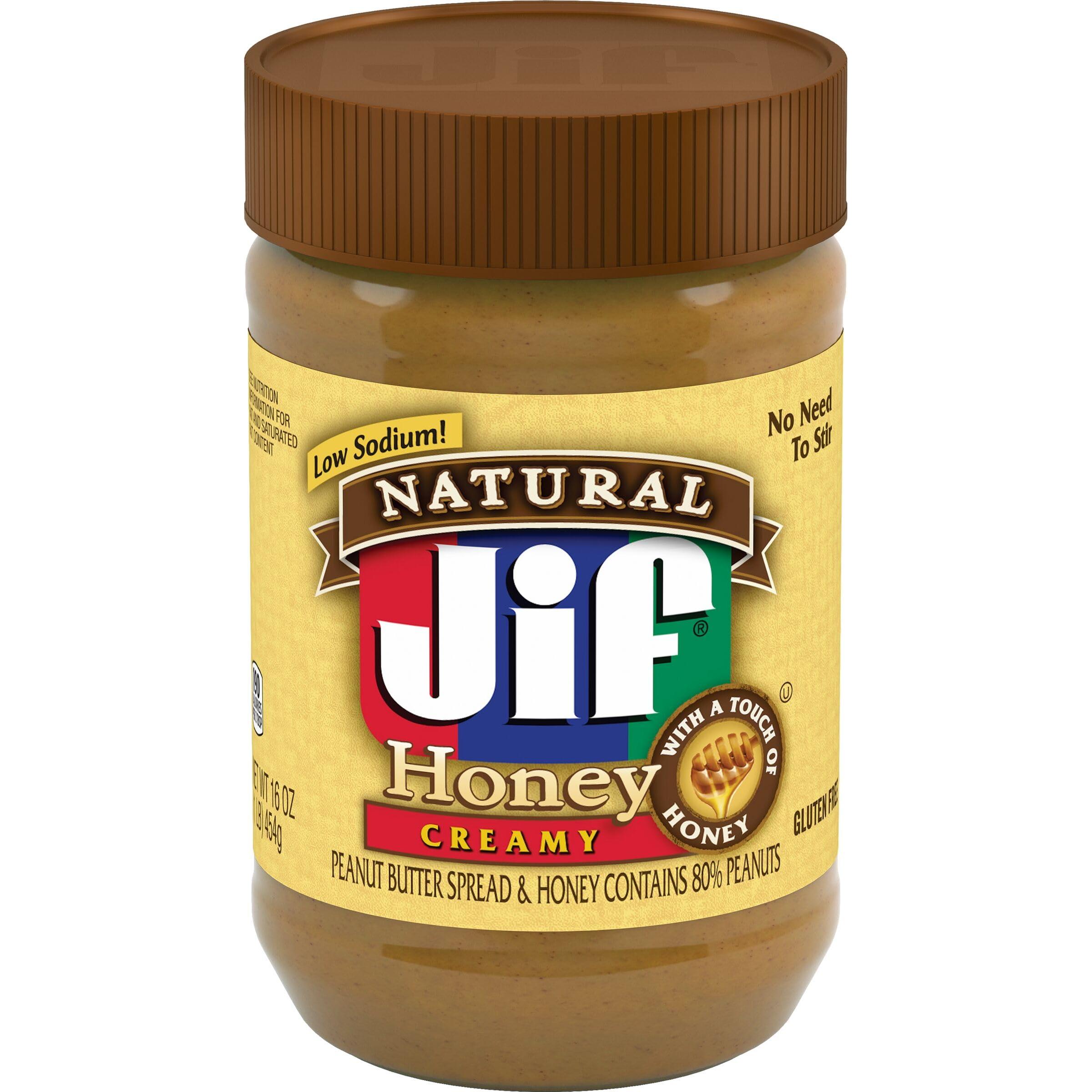 Jif Natural Peanut Butter & Honey Spread, 16 oz, 80% Peanuts - Jif