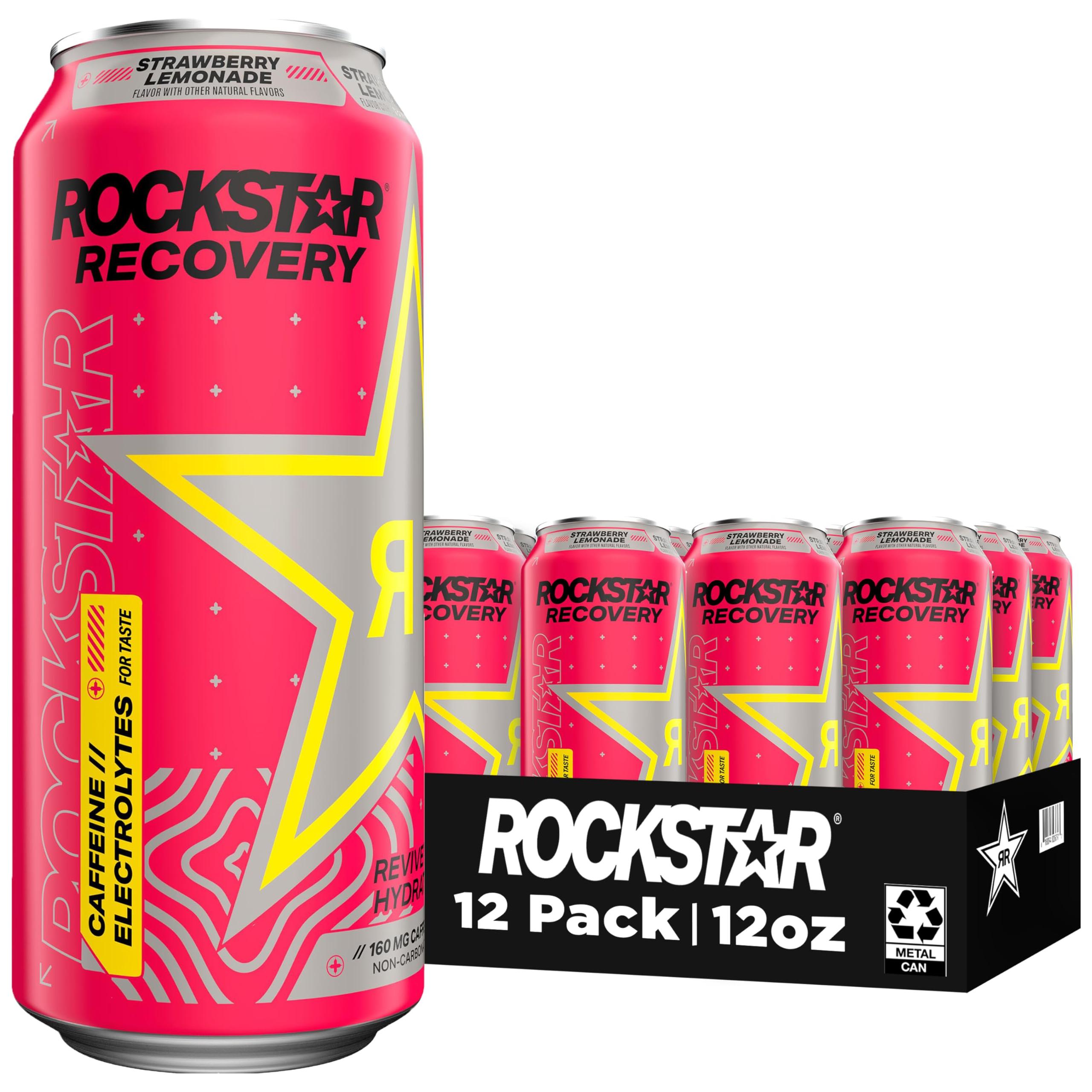 Rockstar Recovery Energy Drink, Strawberry Lemonade, 16oz Cans (12-Pack), Low Calorie with Coconut Water, Collagen, Vitamin C, Electrolytes, and 160mg Caffeine - Rockstar