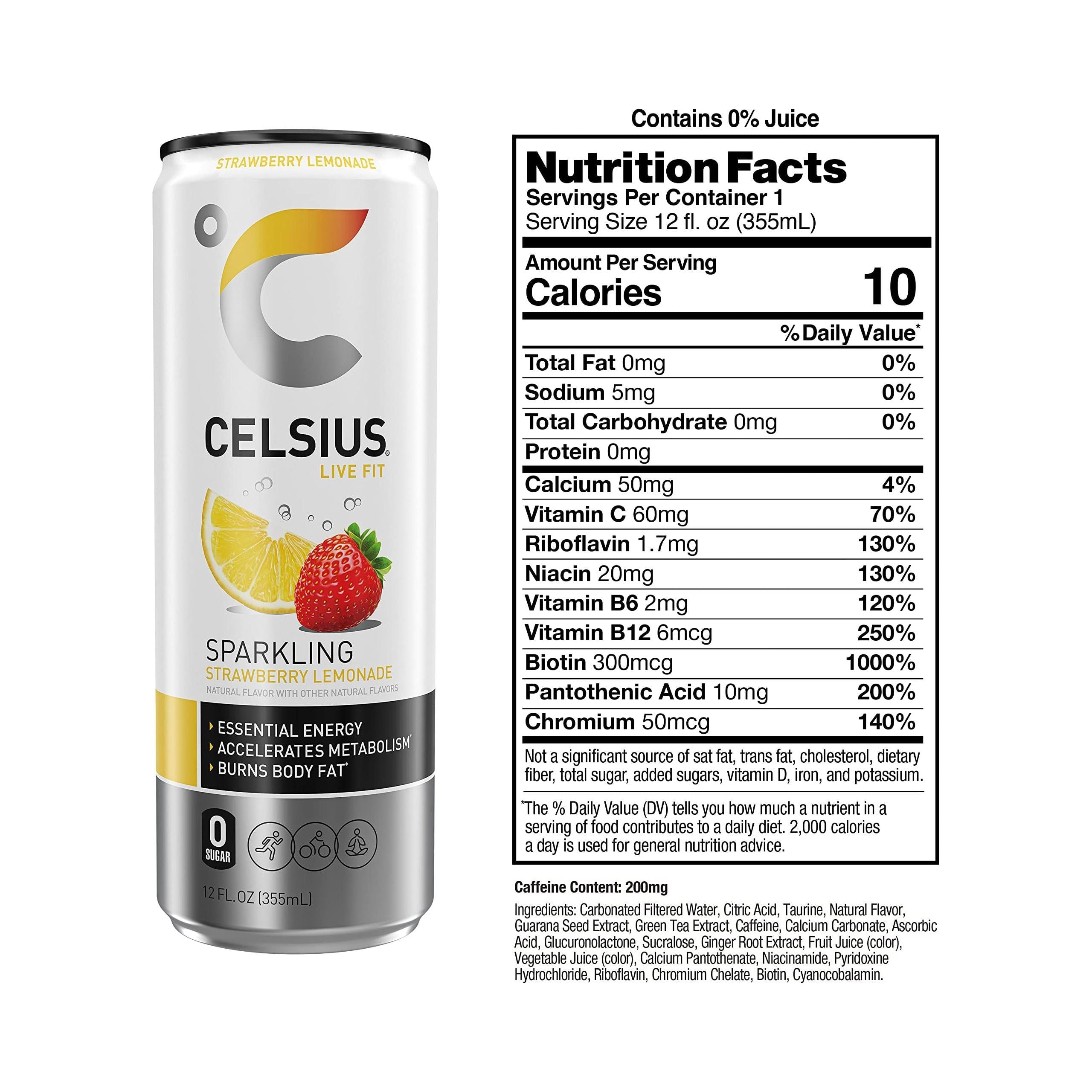 CELSIUS Sparkling Strawberry Lemonade Functional Energy Drink, 12 Fl Oz, Pack of 24, Zero Sugar, Vegan, Gluten-Free, 200mg Caffeine - Celsius